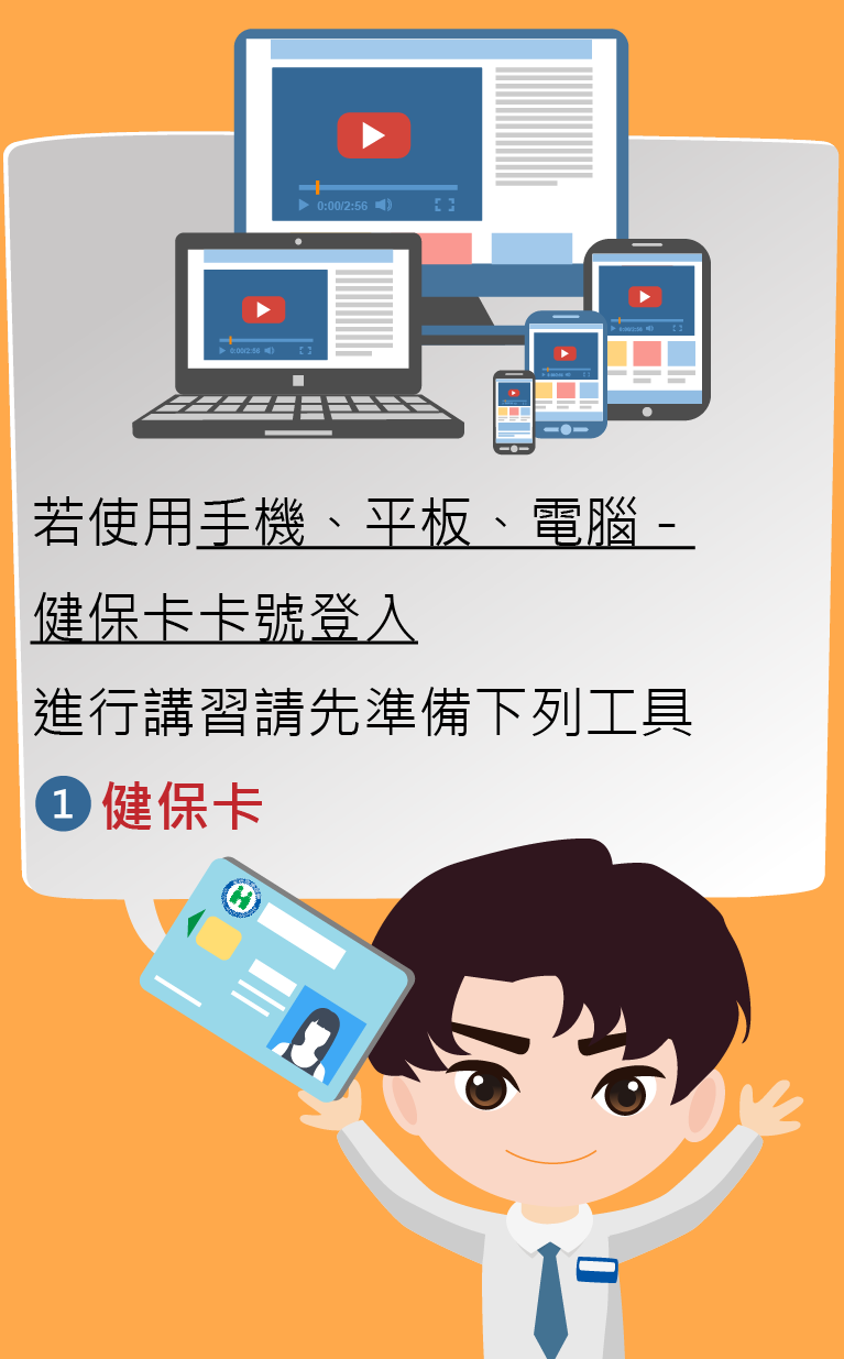 若使用手機、平板、電腦-健保卡卡號登入進行講習請先準備下列工具：1.健保卡