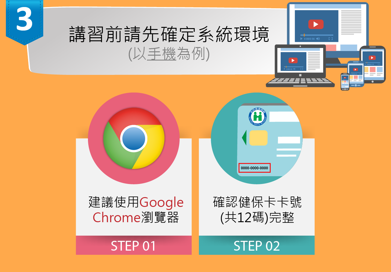 三、講習前請先確定系統環境(以手機為例)步驟01.建議使用Google Chrome瀏覽器。步驟02.確認健保卡卡號(共12碼)完整
